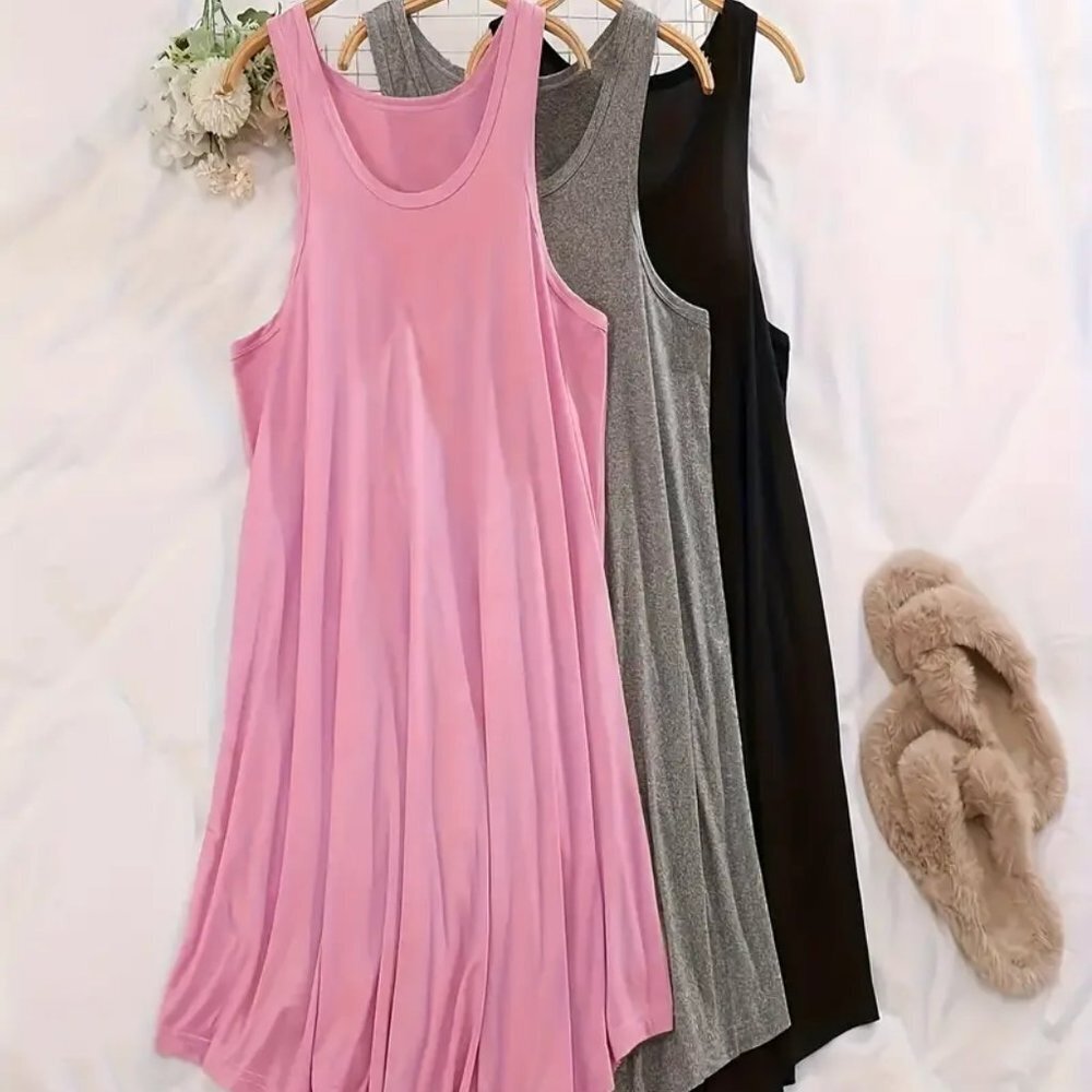 BOGO 3X 4X 5X  Plus Size Basic Sleep Dress 3 colors Solid Round Neck Stretch